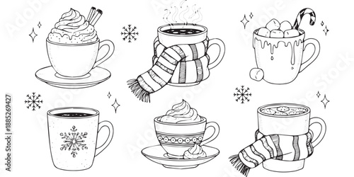 Handdrawn collection of cozy winter drinks with festive decorations.