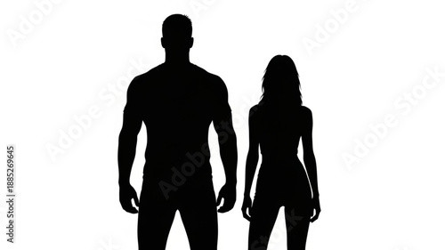 Silhouette of a muscular man and a slender woman standing side by side.