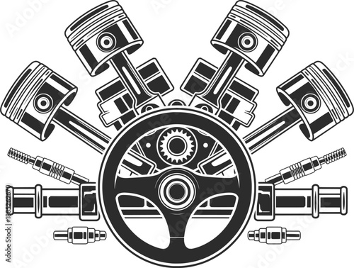 Automotive Engine Pistons with Steering Wheel Mechanical Illustration.