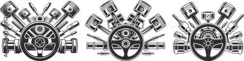 Automotive Engine Pistons with Steering Wheel Mechanical Illustrations.