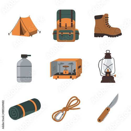 Camping gear icons including tent backpack boot bottle stove lantern sleeping bag rope knife and accessories for outdoor travel.