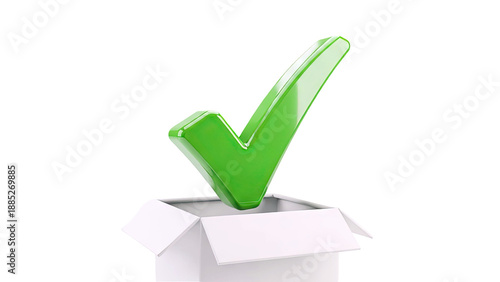 Green Check Mark Emerging from Open Cardboard Box