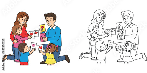 Happy cartoon family exchanging love cards with hearts, vector illustration with color and black and white outline version for coloring book