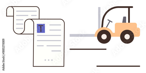 Information handling, logistics, supply chain, warehouse management, shipping, document organization. A paper document next to a forklift. Logistics and information handling concept