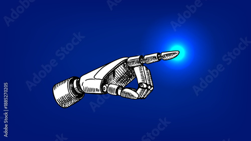Poster with sketch robot hand. AI ethics, legal service, cybersecurity, tech conference, research, artificial intelligence startup, IT, media concept. Engraved hand drawn vector illustration.