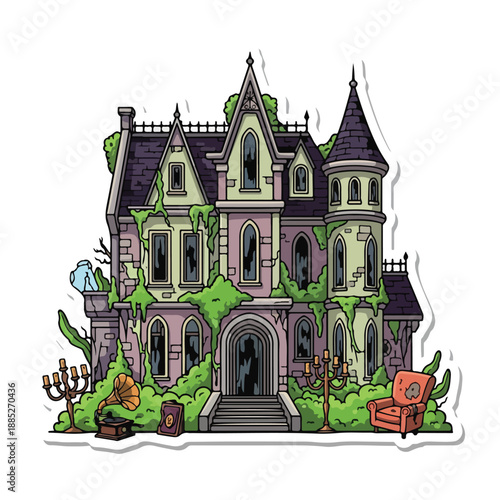 A dilapidated mansion overgrown with green vines and moss