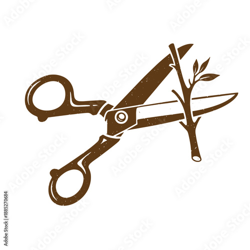 Drawing Vintage grunge  texture Brown scissors cutting a small branch with leaves on white background  gardening tool