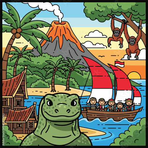A vibrant cartoon scene depicting a tropical island
