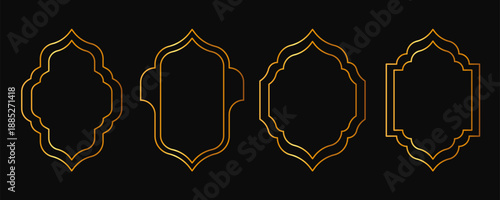 luxury golden islamic arch window frames on black background elegant arabic border design element for ramadan kareem muslim decoration vector illustration set collection
