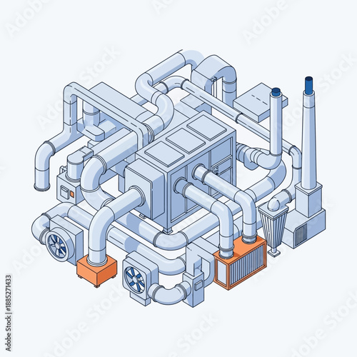 Complex Industrial HVAC System with Pipes and Vents.