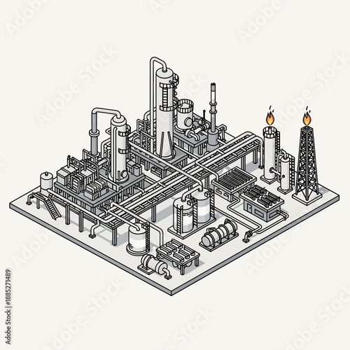 Detailed isometric line art illustration of an industrial oil refinery plant with flare stacks.