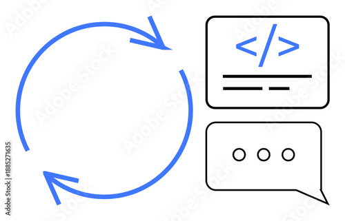 Software development, coding workflow, team communication, iterative processing, technology concepts, project management. Visualizes arrows forming a loop, coding brackets, and a speech bubble