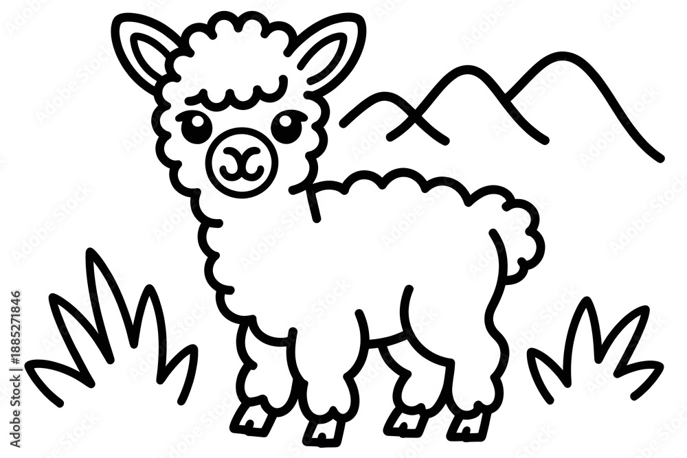 Fototapeta premium Adorable Baby Alpaca or Llama Standing in Mountains and Grass Black and White Line Art Illustration for South America