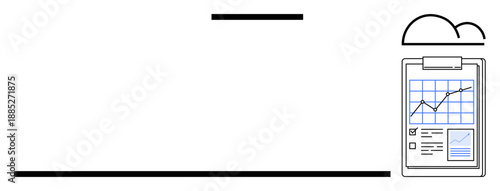 Data analysis, cloud technology, business growth, digital reporting, strategic planning, performance monitoring. A clipboard with a growth chart and checklist under a cloud. Data analysis and cloud
