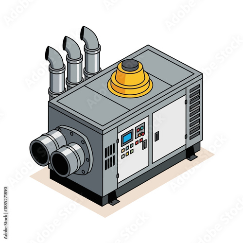 Industrial Power Generator Isometric Illustration with Exhaust Pipes and Control Panel.