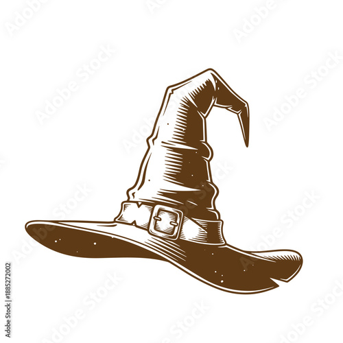 Drawing Vintage grunge  texture brown wizard hat with wide brim and buckle  isolated on white background