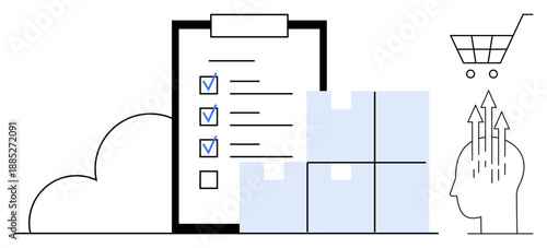 Inventory management concept. Checklist, cloud, and boxes organized storage and logistics. Inventory planning aids e-commerce, supply chain, and business operations. For retail, warehouse planning
