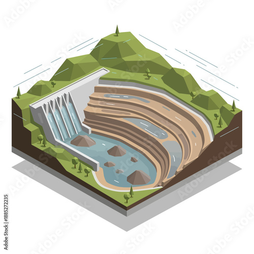 Isometric Cross Section of a Hydroelectric Dam and Reservoir.