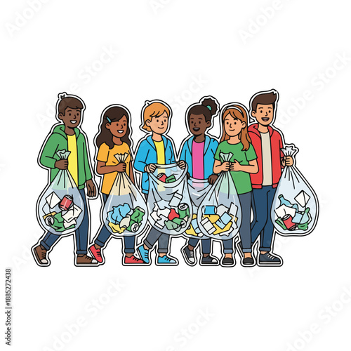 A diverse group of young people collecting trash