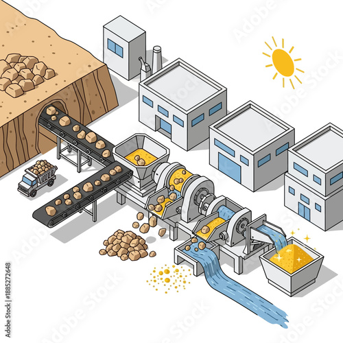 Isometric illustration of a gold mining and processing plant with machinery and buildings.