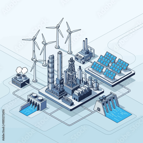 Isometric illustration of a diverse energy production network.