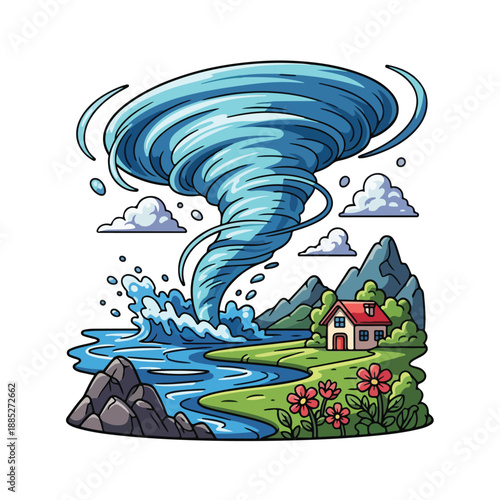 Cartoon tornado approaching house by river
