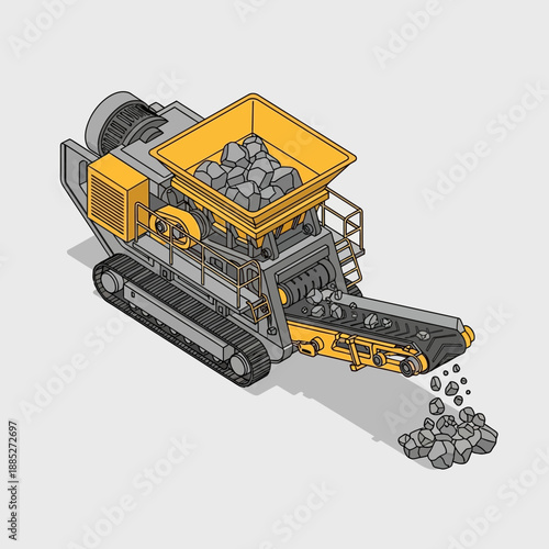 Isometric illustration of a mobile stone crusher machine processing rocks.