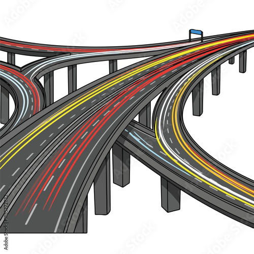A cartoon illustration of a multi-level highway interchange