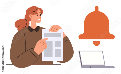 Business communication, online notifications, productivity, remote work, document sharing, digital alert systems. Woman holding a paper, notification bell laptop. Communication and online