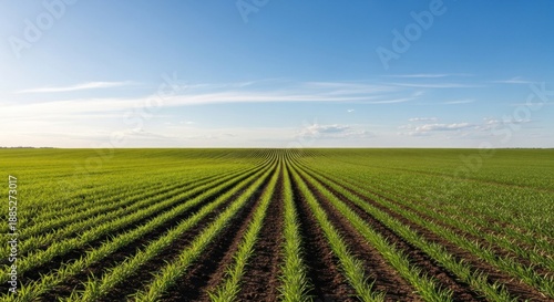 A vast, green field with neatly arranged rows of crops under a clear blue sky with a few scattered clouds.