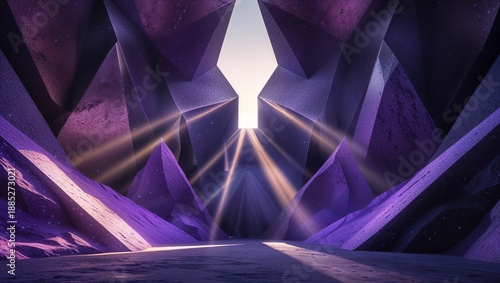 Abstract Purple Crystal Cave with Light Beams: A Geometric Dreamscape of Amethyst.