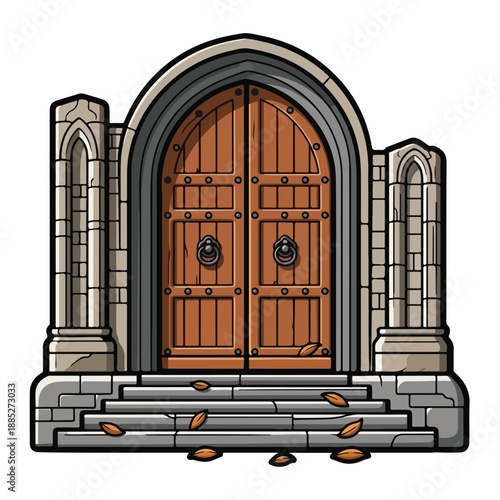 A large wooden door with stone archway and steps