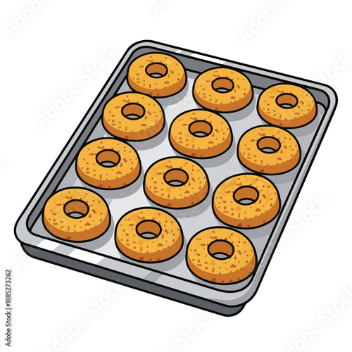 A tray of 12 sweet, sugary donuts