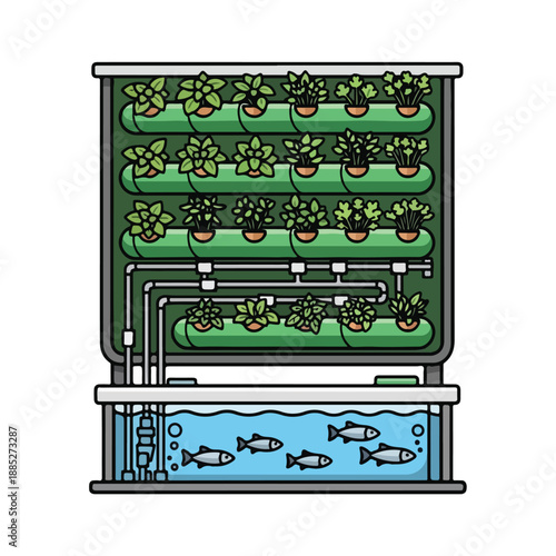 A vertically stacked aquaponic system with fish and plants