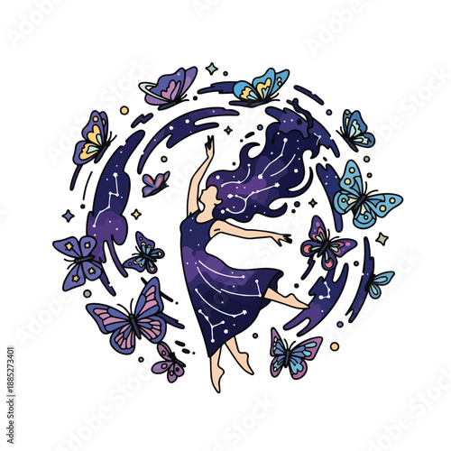 A woman in a starry dress dances with colorful butterflies