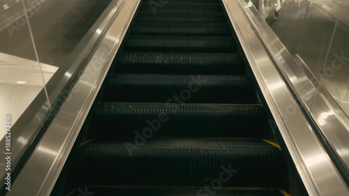 Close-up and center focused on a moving up escalator in the Airport Train Station in Soekarno-Hatta International Airport.