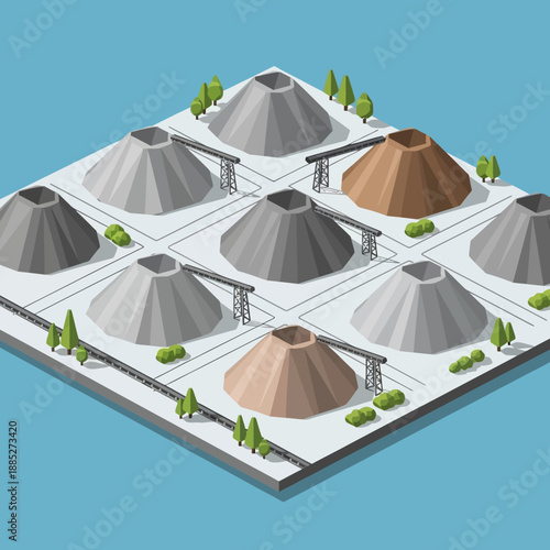 Isometric Industrial Landscape with Coal Piles and Conveyor Belts.