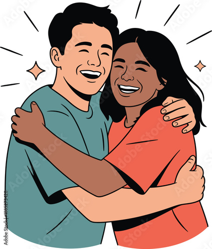 Cartoon-style vector of two joyful friends hugging, radiating warmth, affection, and emotional connection with sparkles.