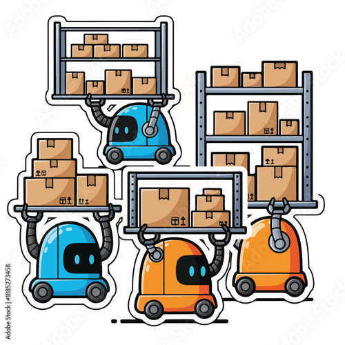 Cartoon robots moving boxes in a warehouse setting