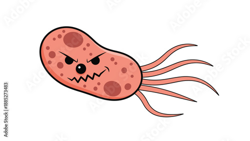 Angry pink bacteria or virus character with multiple tentacles and a menacing expression representing infection and disease.
