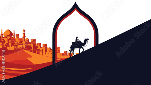 Silhouette of a person riding a camel in the desert with an ancient city and sand dunes in the background during sunset or dawn.