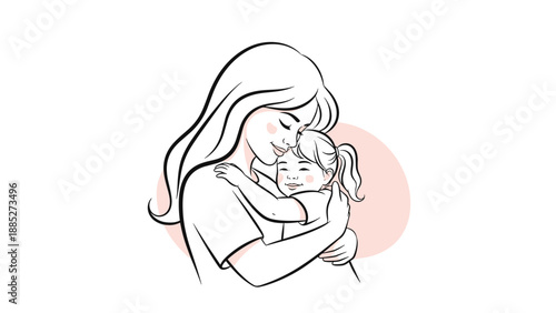 Line art illustration of a mother hugging her young daughter showing a moment of tenderness and affection on a soft pink background.