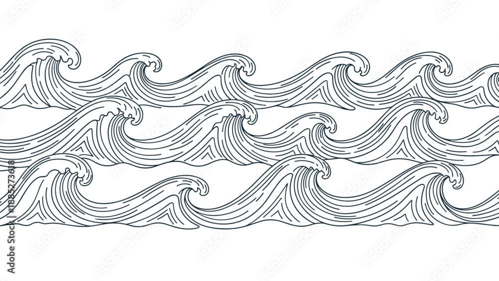 Fototapeta premium Seamless pattern featuring rows of stylized ocean waves with crashing crests in a minimalist line art style for background.