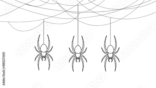 Three black and white line art spiders hang from their webs against a clean white backdrop in a simple illustrated design.
