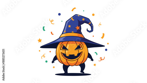 Grinning halloween pumpkin character wearing a blue wizard hat with stars surrounded by colorful confetti and star shapes.