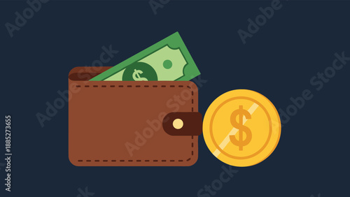 Brown leather wallet with a green dollar bill sticking out and a large gold coin showing the dollar sign on a dark background.