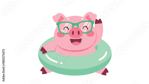 Happy pink piglet wearing green glasses and resting in a light blue swimming ring while waving its hand against white background.