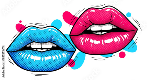Vibrant Pop Art Lips Illustration with Bold Pink and Blue Hues, Comic Book Style Halftone Dots, and Dynamic Graphic Design for Expressive Modern Visuals