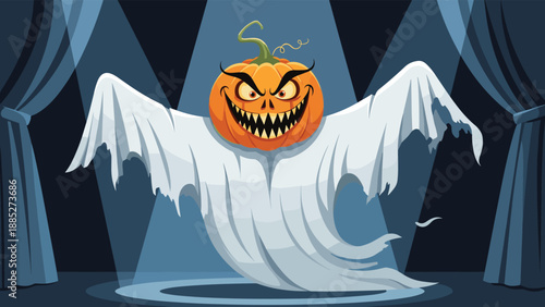 Menacing pumpkin headed ghost with sharp teeth and glowing eyes standing on a spotlighted stage with dark blue curtains.