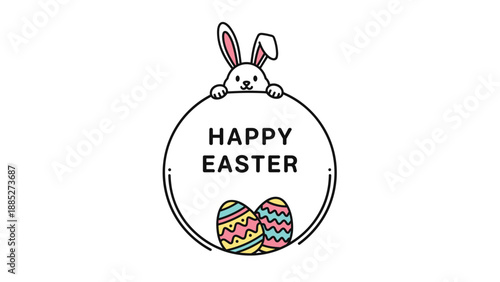White easter bunny peeking over a circular sign with the words happy easter and two colorful decorated eggs at the bottom.